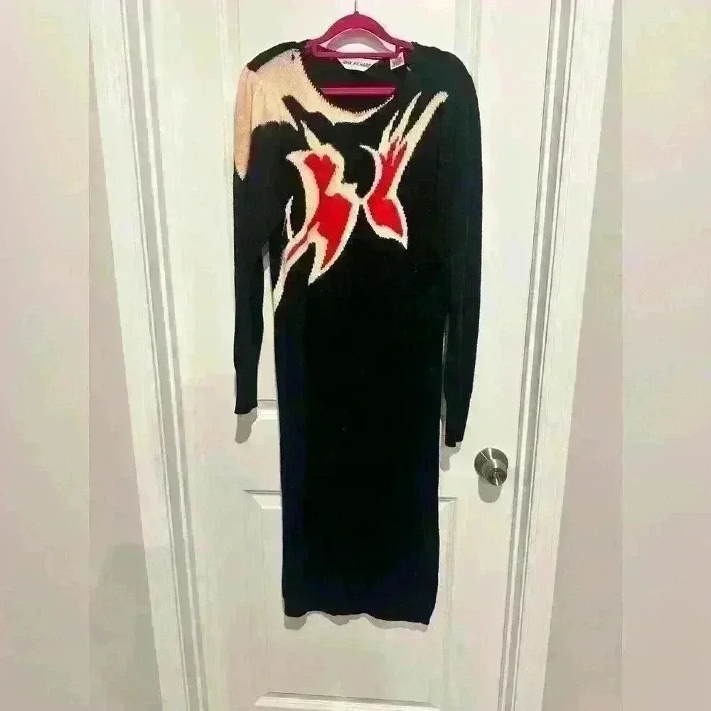 Vintage 1980's John Richard Sweater Dress Black-Red & White Flames Sz Medium